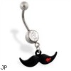 Jeweled belly ring with Dangling Black Mustache with Heart