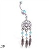 Jeweled belly ring with dangling dream catcher and feathers