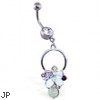 Jeweled belly ring with dangling jeweled multi-colored flower on circle