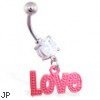 Jeweled belly ring with dangling red "Love"