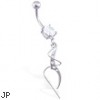 Jeweled belly ring with wavy CZ and twisted steel dangle