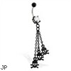 Jeweled black coated belly ring with skull dangles