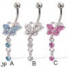 Jeweled butterfly navel ring with two dangling gems