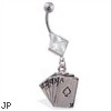 Jeweled diamond shaped belly ring with dangling poker cards