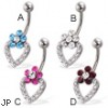 Jeweled flower and heart belly button ring