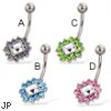 Jeweled flower belly button ring with square center stone