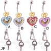 Jeweled gold-plated crown and heart navel ring with dangling letter J and key