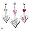 Jeweled heart belly ring with dangling triple heart