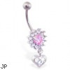 Jeweled heart flower belly ring with dangling heart