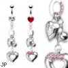 Jeweled heart navel ring with dangling jeweled hearts