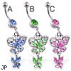 Jeweled navel ring with dangling jeweled butterflies
