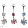 Jeweled navel ring with dangling jeweled swirl flower