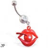 Jeweled navel ring with dangling lips and cherry