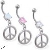 Jeweled navel ring with dangling peace sign