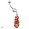 Jeweled navel ring with dangling red checkered flipflop with shell