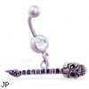 Jeweled navel ring with dangling skull guitar