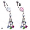 Jeweled navel ring with multi-color CZ dangle