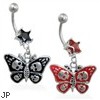 Jeweled star navel ring with dangling skull butterfly