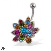 Multicolor jeweled flower belly button ring