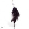 Navel ring with dangling black feathers