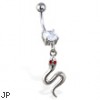 Navel ring with dangling curved snake with red gem eyes