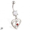 Navel ring with dangling double hearts with gems