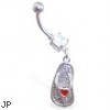 Navel ring with dangling flipflop with small jeweled red heart