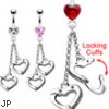 Navel ring with dangling heart locking cuffs