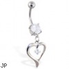 Navel ring with dangling heart with gem