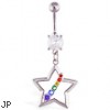 Navel ring with dangling hollow star and rainbow gems