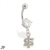 Navel ring with dangling jeweled dollar sign