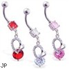 Navel ring with dangling jeweled heart and CZ