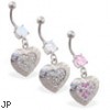 Navel ring with dangling jeweled heart with "Love, Peace, Hope"