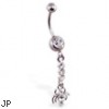 Navel ring with dangling jeweled spider on chain