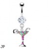 Navel ring with dangling multi-colored jeweled martini