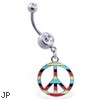 Navel ring with dangling multi-colored peace sign