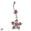 Navel ring with dangling pink and green flower