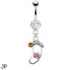 Navel ring with dangling rainbow foot with flower