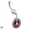 Navel ring with dangling rasta colored peace sign