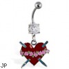 Navel ring with dangling red heart with roses and daggers