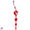 Navel ring with dangling red hearts and skull