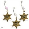 Navel ring with dangling sheriff "HANDS UP" badge