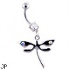 Navel ring with dangling steel dragonfly with ab gems
