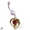 Navel ring with dangling yellow heart with pink rose
