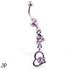 Navel ring with jeweled double heart dangle