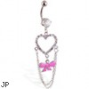 Navel ring with large dangling jeweled heart and bow with chains