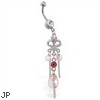 Navel ring with pink jeweled chandelier dangle