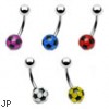Navel ring with steel top ball and acrylic soccer bottom ball