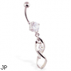 Navel ring with twisted dangle and jeweled hearts