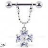 Nipple ring with dangling big jeweled flower, 12 ga or 14 ga
